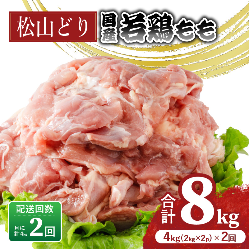 【定期便2回】松山どり もも肉 2kg×2パック×2回 計8kg| 定期便 国産 鶏肉 小分け 若鶏 冷凍 愛媛県 松山市 株式会社ビージョイ 定期便2ヶ月