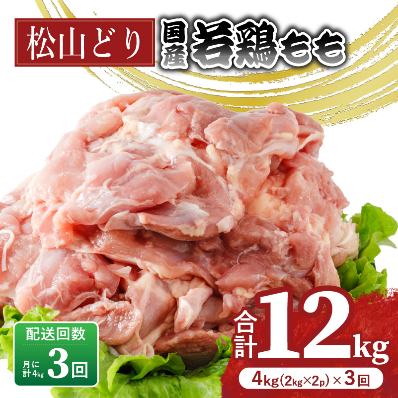 【定期便3回】松山どり もも肉 2kg×2パック×3回 計12kg| 定期便 国産 鶏肉 小分け 若鶏 冷凍 愛媛県 松山市 株式会社ビージョイ 定期便3ヶ月