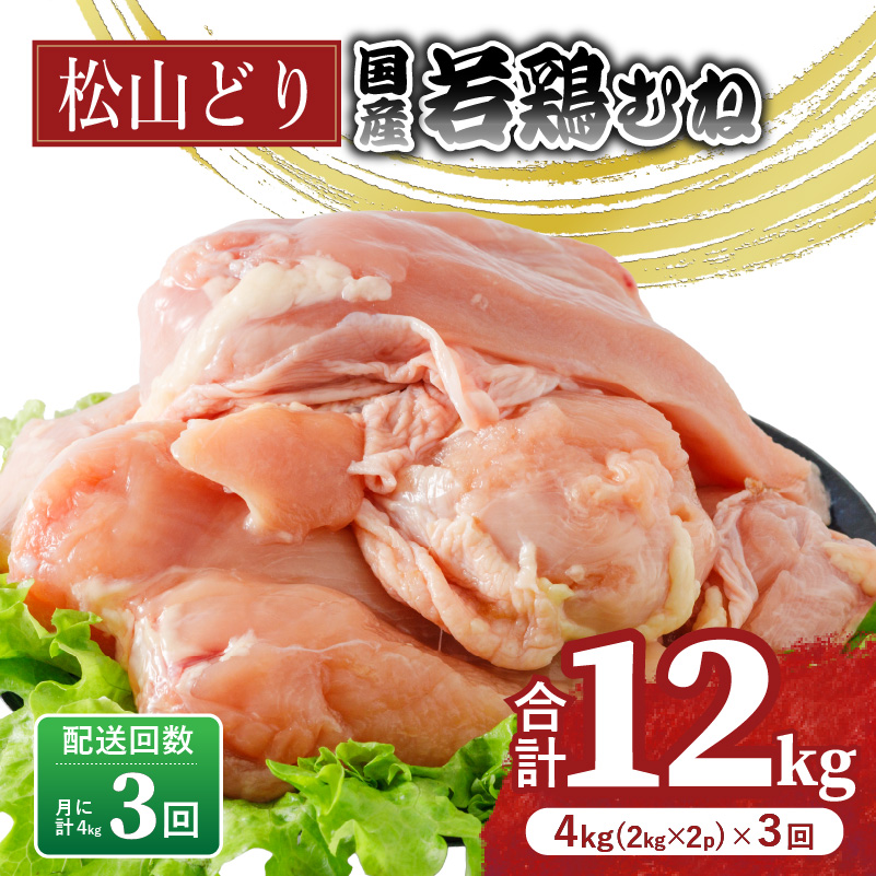 【定期便3回】松山どり むね肉 2kg×2パック×3回 計12kg| 定期便 国産 鶏肉 小分け 若鶏 冷凍 愛媛県 松山市 株式会社ビージョイ 定期便3ヶ月