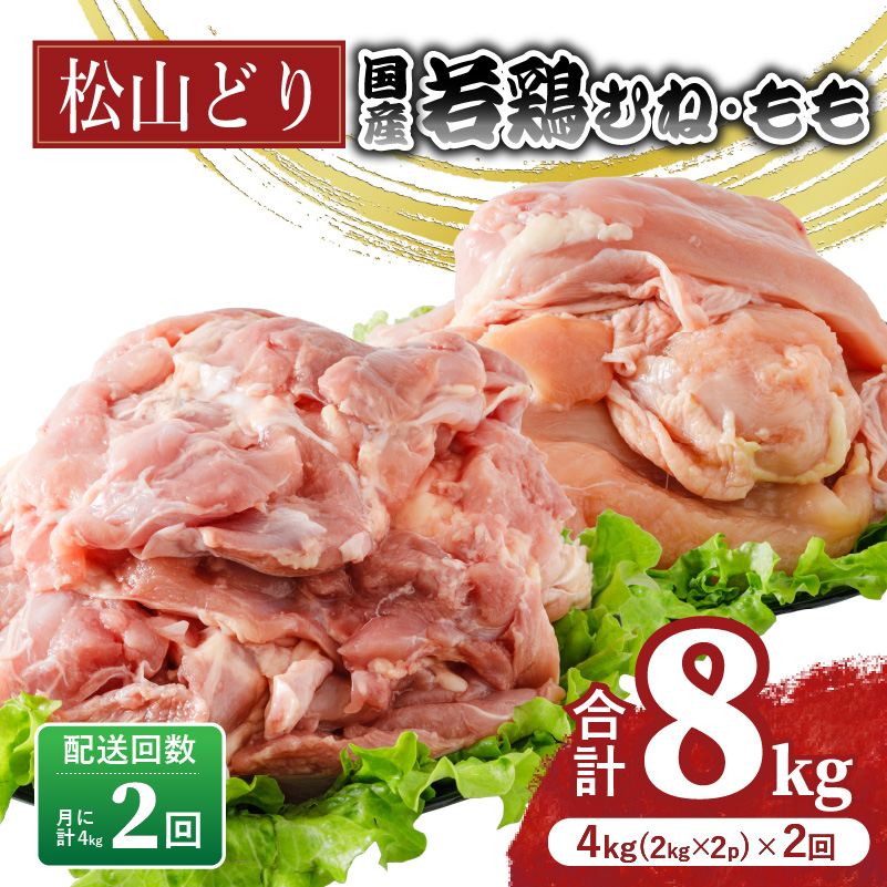 【定期便2回】松山どり むね 2kg×1パック もも肉 2kg×1パック ×2回 計8kg| 定期便 国産 鶏肉 小分け 若鶏 冷凍 愛媛県 松山市 株式会社ビージョイ 定期便2ヶ月