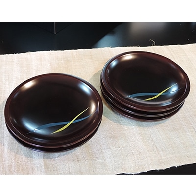 ( 桜井漆器 ) 溜 ケーキ皿 二色ライン 5客 【VE00450】