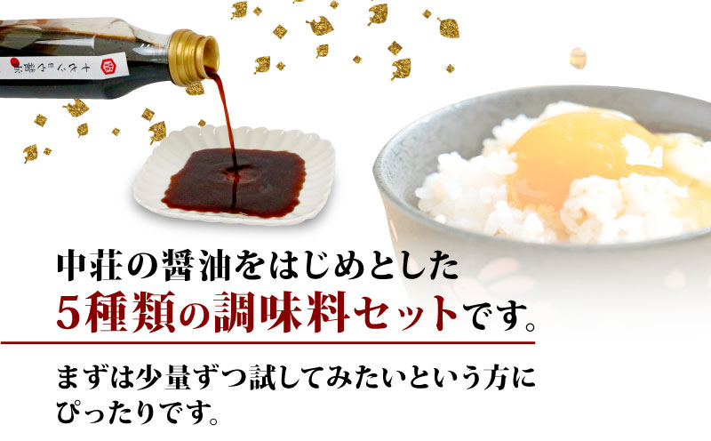 調味料 こだわり 5本 セット 濃口醤油 金印 淡口醤油 だし醤油 ぽん酢 酢 詰め合わせ 詰合せ 中荘本店 老舗 醤油 しょうゆ 大豆 調味料 こいくち うすくち 合酢 つゆ つけつゆ 炒め物 煮物 おせち 冷奴 アレンジ 調理 料理 国産 愛媛 宇和島 J010-119005