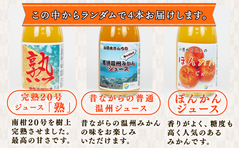 【ストレート100%】 みかんジュース 720ml × 4本 小清水農園 先行予約 2026年1月16日～順次発送 ストレート 100% 果汁 飲料 柑橘 みかん 蜜柑 mikan 産地直送 国産 愛媛 宇和島 H015-033001