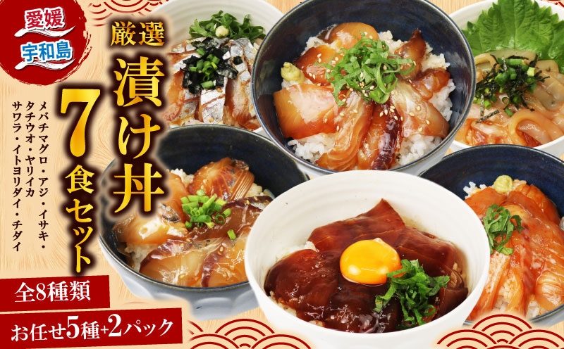 漬丼 厳選 活締め 全8種 お任せ 天然 漬け丼 7食 セット 南予ビージョイ 5種 + 2パック メバチマグロ アジ イサキ タチウオ ヤリイカ サワラ イトヨリダイ チダイ 食べ比べ づけ丼 人気 加工品 新鮮 水産品 漬け 刺身 海鮮 海鮮丼 数量限定 愛媛 宇和島 D010-150018