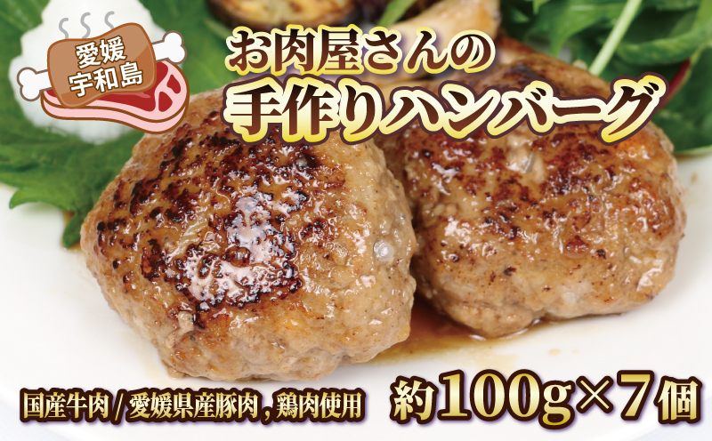お 肉屋 さんの 手作り ハンバーグ 泉精肉店 100g × 7個 国産牛肉 豚 鶏肉 合い挽き 肉 お肉 にく 惣菜 おかず お弁当 冷凍 小分け 真空パック 焼くだけ 簡単調理 弁当 和風 デミグラス アレンジ可 国産 愛媛 宇和島 E010-142001