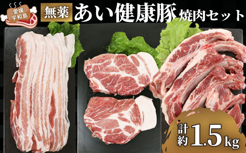 焼肉 セット 豚肉 計約 1.5kg バラ肉 厚切り 300g カタロース ステーキ 2枚 骨付き リブ ロース 750g 無薬 あい健康豚 niku BBQ 豚 焼き肉 ぶた ぶたにく お肉 にく ブランド豚 パック 冷凍 農家直送 産地直送 国産 愛媛 宇和島 E024-154004