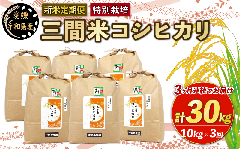 新米 定期便 3回 計30kg 先行予約 特別栽培米 三間米 コシヒカリ 10kg × 3回 伊勢本農園 特別栽培 米 お米 おこめ ごはん こめ コメ ※ kome 白米 精米 お弁当 ブランド米 ふっくら ライス 農家直送 産地直送 数量限定 国産 愛媛 宇和島 G090-146005