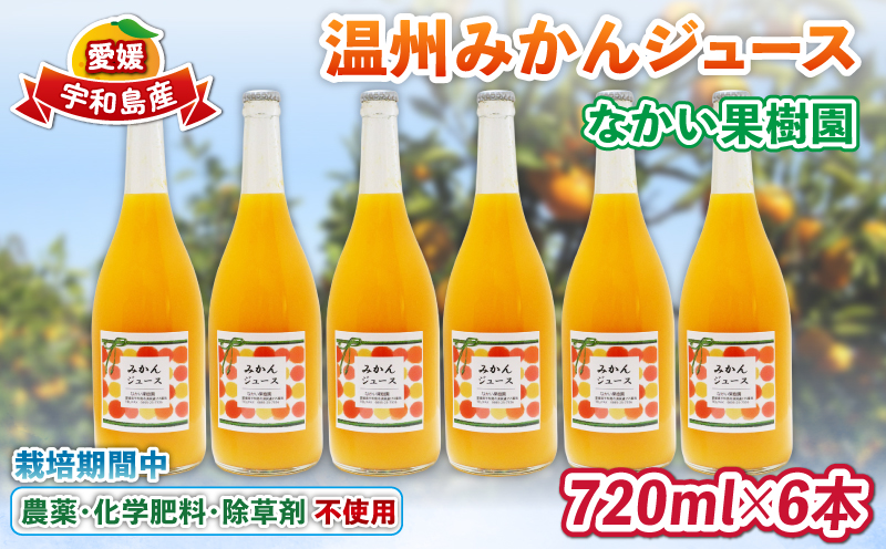 温州 みかん ジュース 720ml×6本 農薬 化学肥料 除草剤 不使用 なかい果樹園 果物 くだもの フルーツ ジュース 飲料 スイーツ 柑橘 温州みかん 蜜柑 mikan 愛媛ミカン 愛媛蜜柑 数量限定 産地直送 農家直送 国産 愛媛 宇和島 H027-144006