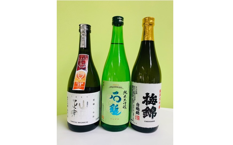 金賞受賞 日本酒 3本 3種類 純米大吟醸 八木酒造部 松山三井 石鎚酒造 梅錦山川 純米大吟醸 白鶴錦 四合瓶 ワイングラスで美味しい日本酒アワード2020 プレミアム大吟醸の部 金賞受賞酒 至高の酒セット｜D11