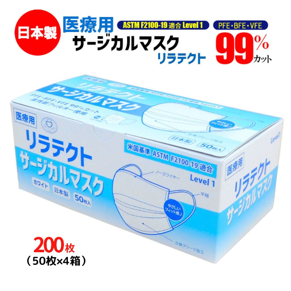 マスク 日本製 医療用 サージカルマスク リラテクト 200枚【50枚×4箱】 人気 日用品 消耗品 国産 使い捨て 送料無料 返礼品 伊予市 山陽物産｜B253