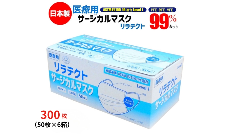マスク 日本製 医療用 サージカルマスク リラテクト 300枚【50枚×6箱】 人気 日用品 消耗品 国産 使い捨て 送料無料 返礼品 伊予市 山陽物産｜B509