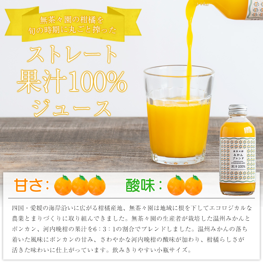 ＜無茶々園のみかんジュース（ブレンド）180ml×12本＞ 柑橘 果物 オレンジ フルーツ ストレート 果汁100% 温州みかん ぽんかん 河内晩柑 ブレンド 小瓶 特産品 無茶々園 愛媛県 西予市