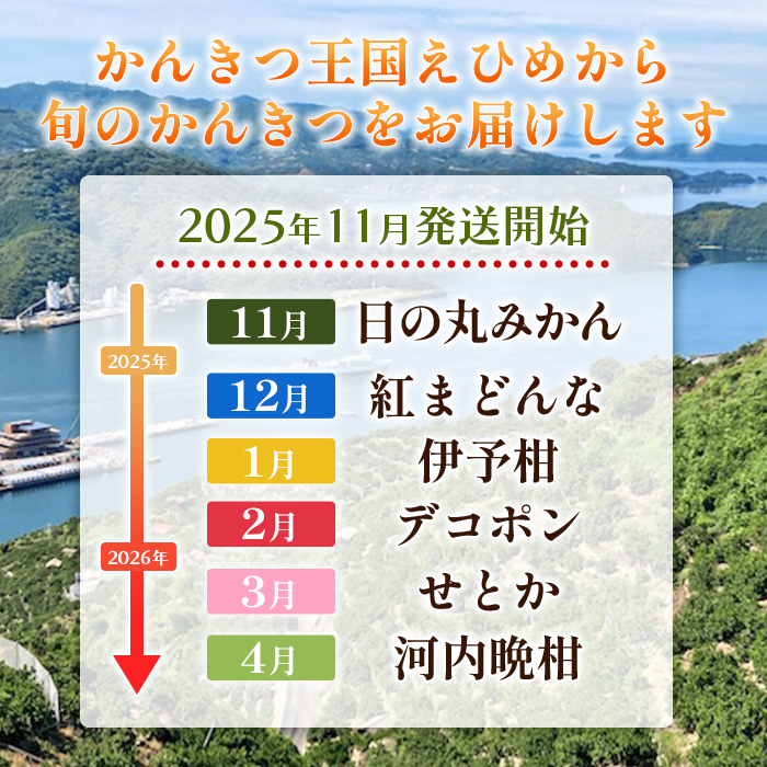 ＜2025年11月発送開始 えひめかんきつ定期便 全6回＞ 果物 フルーツ みかん ミカン 蜜柑 柑橘 日の丸みかん 紅まどんな 伊予柑 いよかん デコポン せとか 河内晩柑 愛媛県 西予市