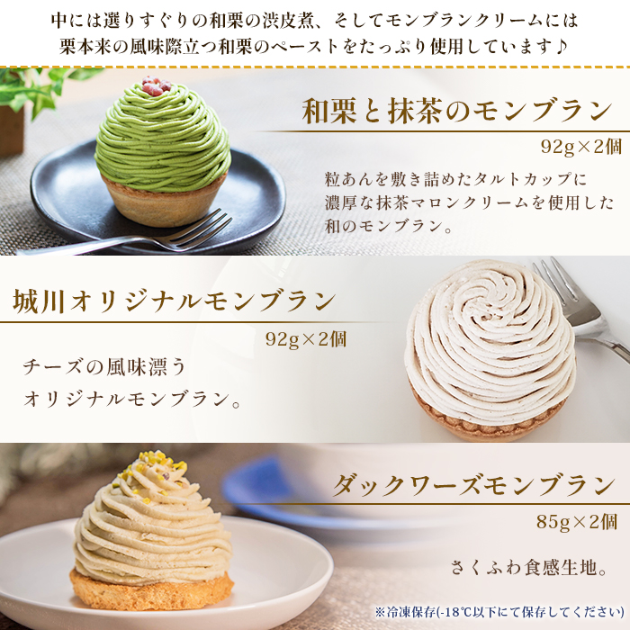＜城川オリジナルモンブラン3種セット 合計6個（各種2個入）＞ マロン 抹茶 ケーキ 和栗ペースト 渋皮煮 チーズアパレイユ 粒あん 小豆 スポンジケーキ タルト ダックワーズ メニークエスト 愛媛県 西予市