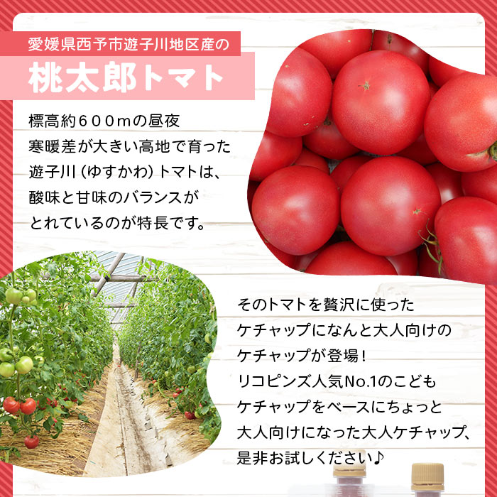 ＜ちょっぴりピリ辛で大人も満足！大人ケチャップ 4個セット＞ とまと 野菜 完熟 柚子胡椒 こしょう 調味料 辛口 パスタソース チリソース ギフト 贈り物 国産 特産品 遊子川ザ・リコピンズ 愛媛県 西予市