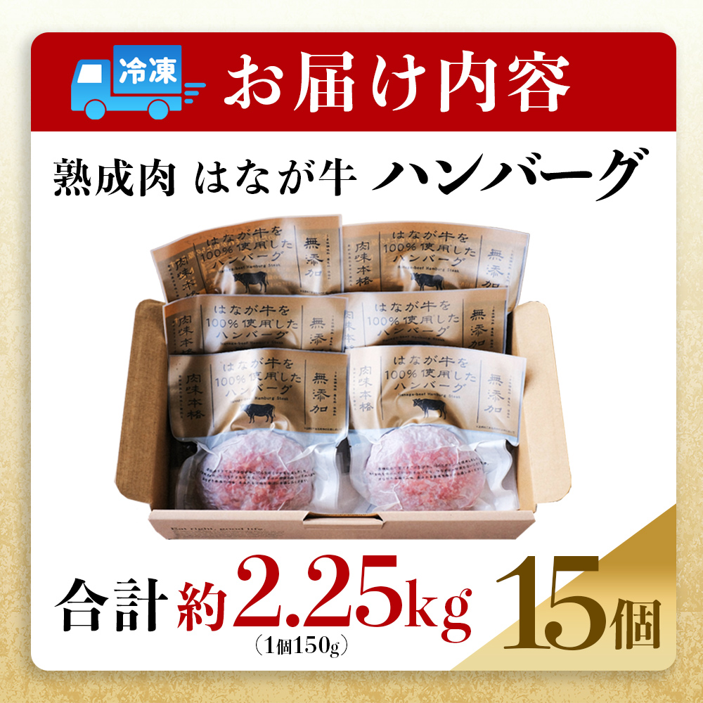 ＜熟成肉 はなが牛ハンバーグ 15個（1個150g）＞ 肉 お肉 牛肉 牛 ビーフ 牛100％ 肉加工品 お惣菜 洋食 おかず 弁当 ランチ ディナー 国産 小分け 個包装 簡単調理 特産品 ゆうぼく 愛媛県 西予市