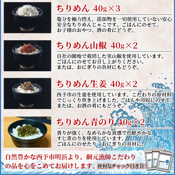 ＜天日干し ちりめん＆佃煮3種 詰め合わせ 合計9袋セット ギフト箱入り＞しらす じゃこ つくだに 無添加 実山椒 生姜 青のり 贈答 愛媛県 西予市