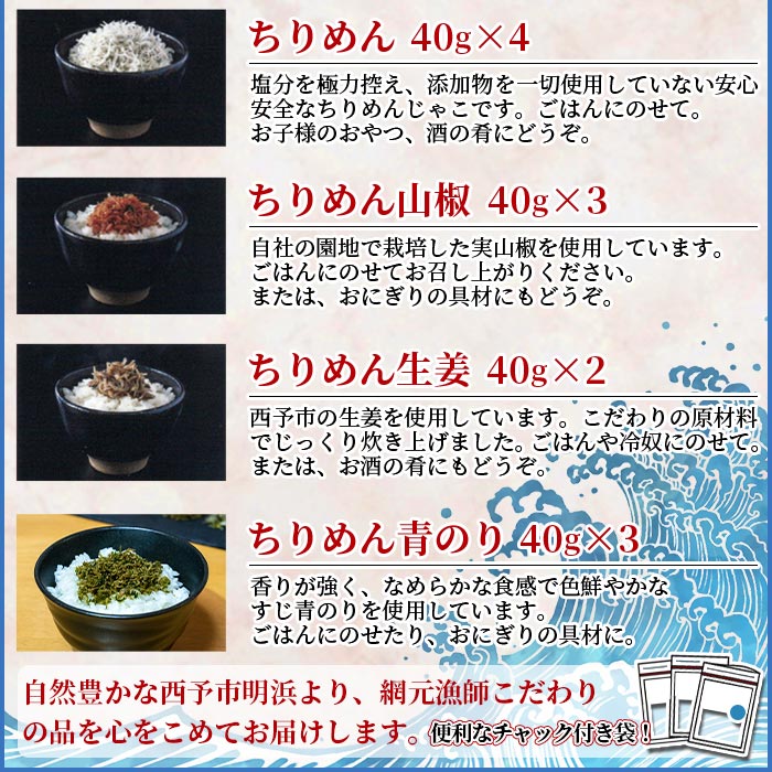 ＜天日干し ちりめん＆佃煮3種 詰め合わせ 合計12袋セット ギフト箱入り＞しらす じゃこ つくだに 無添加 実山椒 生姜 青のり 食べ比べ 愛媛県 西予市