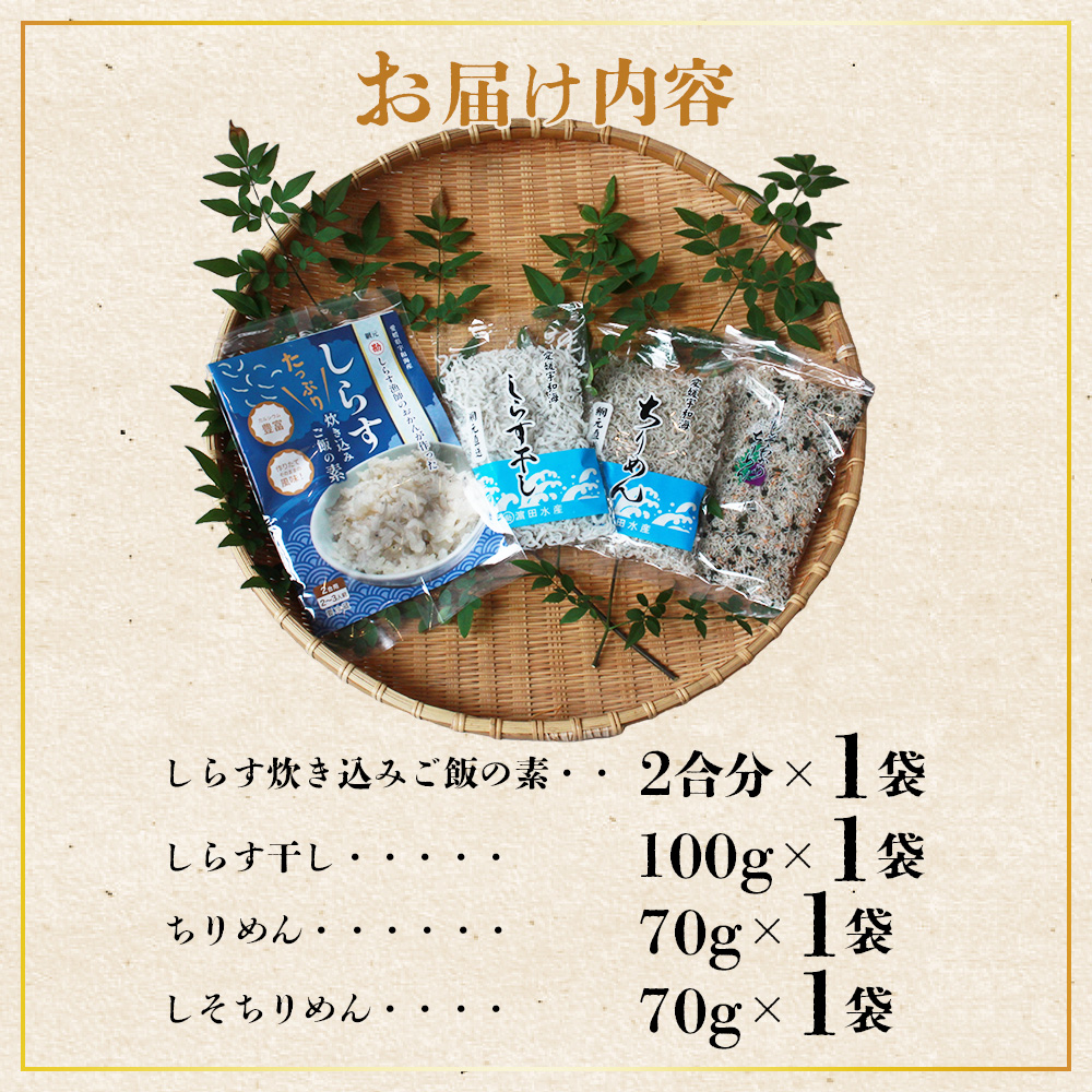 ＜しらす大満足セット 合計4種＞炊き込み 西予市産 ちりめん しらす干し 食べ比べ 健康 詰め合わせ チリメン シラス 魚介 海産物 海鮮 家庭用 贈答用 小分け 国産 特産品 産地直送 濵田水産 愛媛県 西予市