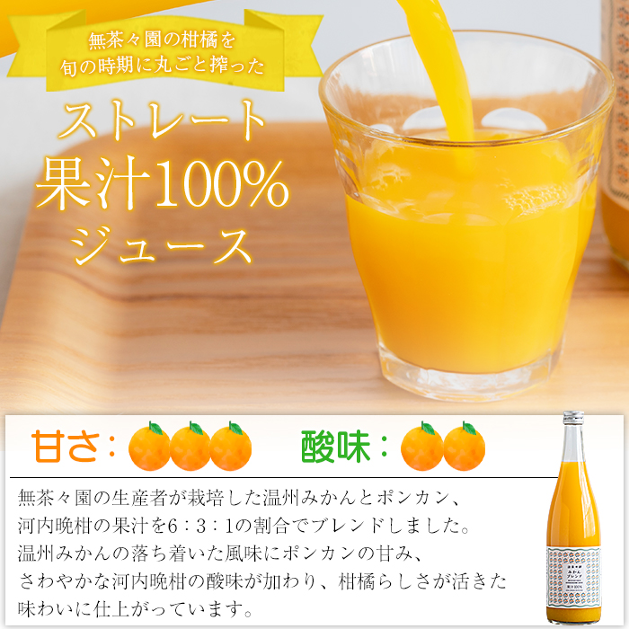 ＜無茶々園のみかんジュース（ブレンド）720ml×4本＞ 柑橘 ミカン 温州みかん ポンカン 河内晩柑 果物 オレンジ フルーツ ストレート 果汁100% 特産品 愛媛県 西予市