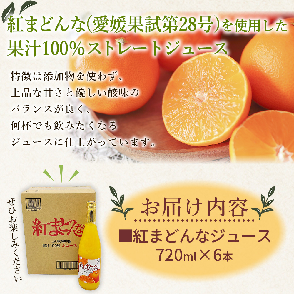 ＜紅まどんなジュース 720ml×6本＞ みかん 紅マドンナ 愛媛果試第28号 オレンジ 果物 ストレートジュース 果汁100％ 愛媛県 西予市