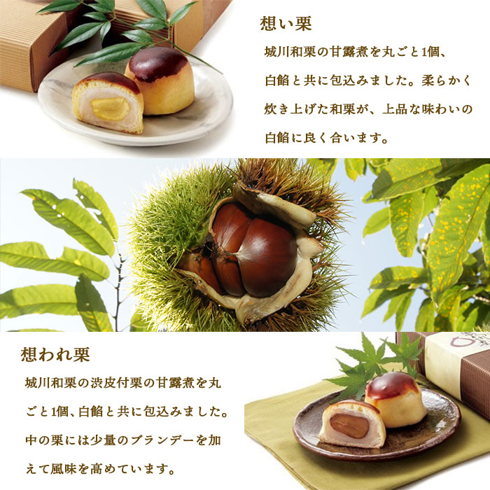 ＜道の駅きなはい屋「想い・想われ」栗菓子セット 18個入り＞お菓子 詰め合わせ 和菓子 まんじゅう 饅頭 くり マロン 和栗 お茶菓子 スイーツ 手土産 白餡 渋皮煮 ブランデー 城川ファクトリー 愛媛県 西予市