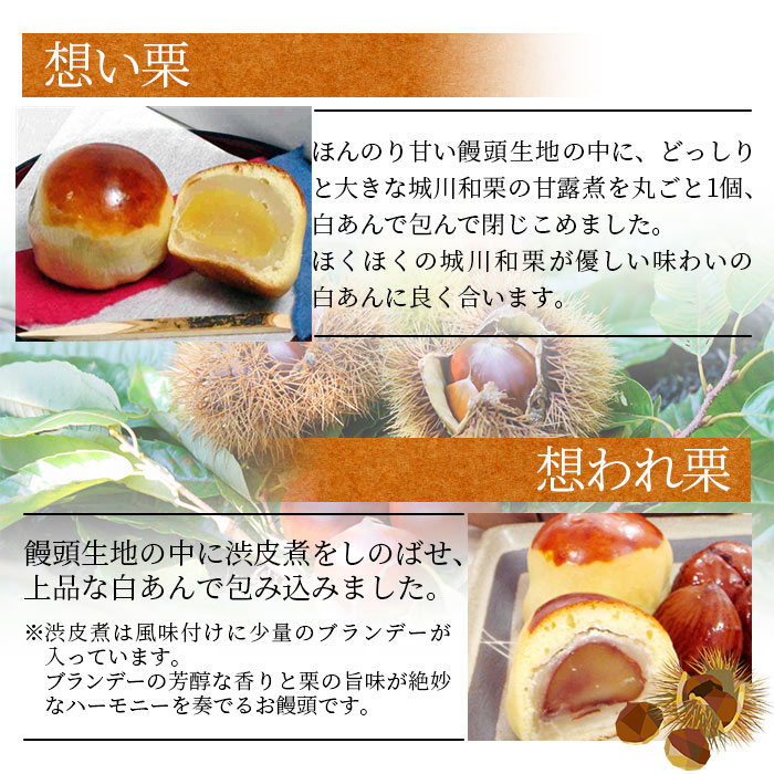 ＜栗まんじゅう2種セット「想い栗」と「想われ栗」 6個入り（各3個）＞お菓子 詰め合わせ 和菓子 くり マロン 和栗 お茶菓子 スイーツ 手土産 饅頭 白餡 渋皮煮 道の駅きなはい屋 城川ファクトリー 愛媛県 西予市