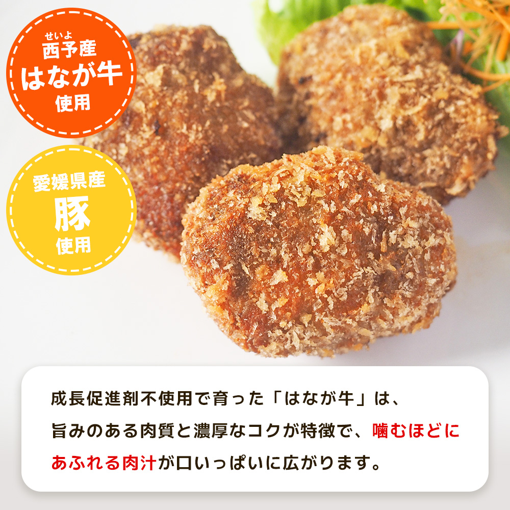 ＜はなが牛を使用した合挽メンチカツ 計21個＞ 3個入り オリジナル おつまみ 手作り 肉肉しい お肉 牛肉 はなが牛 国産 メンチカツ 肉加工品 冷凍食品 揚げ物 おかず 夕食 特産品 ゆうぼく 愛媛県 西予市