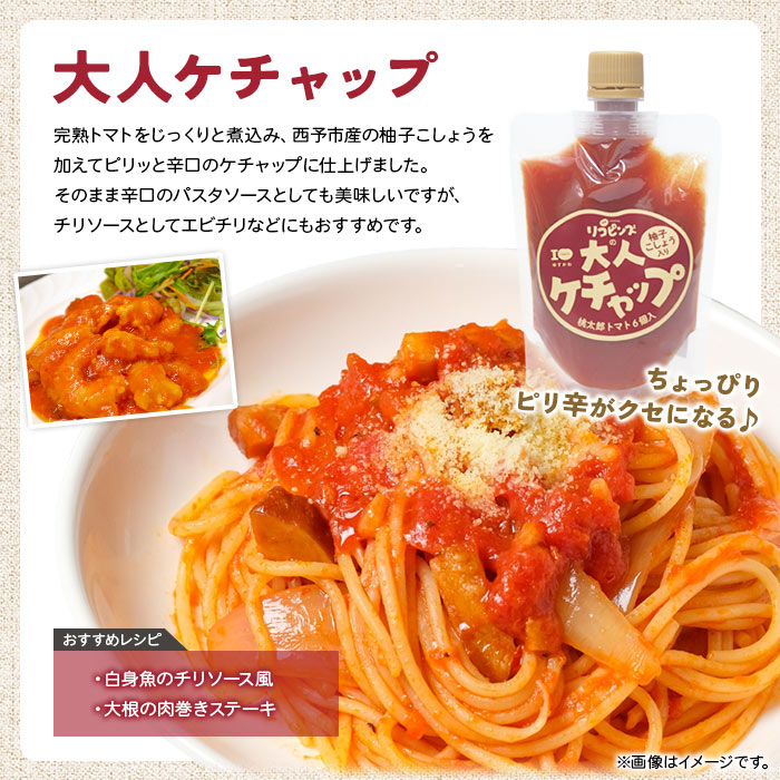 ＜ちょっぴりピリ辛で大人も満足！大人ケチャップ 4個セット＞ とまと 野菜 完熟 柚子胡椒 こしょう 調味料 辛口 パスタソース チリソース ギフト 贈り物 国産 特産品 遊子川ザ・リコピンズ 愛媛県 西予市