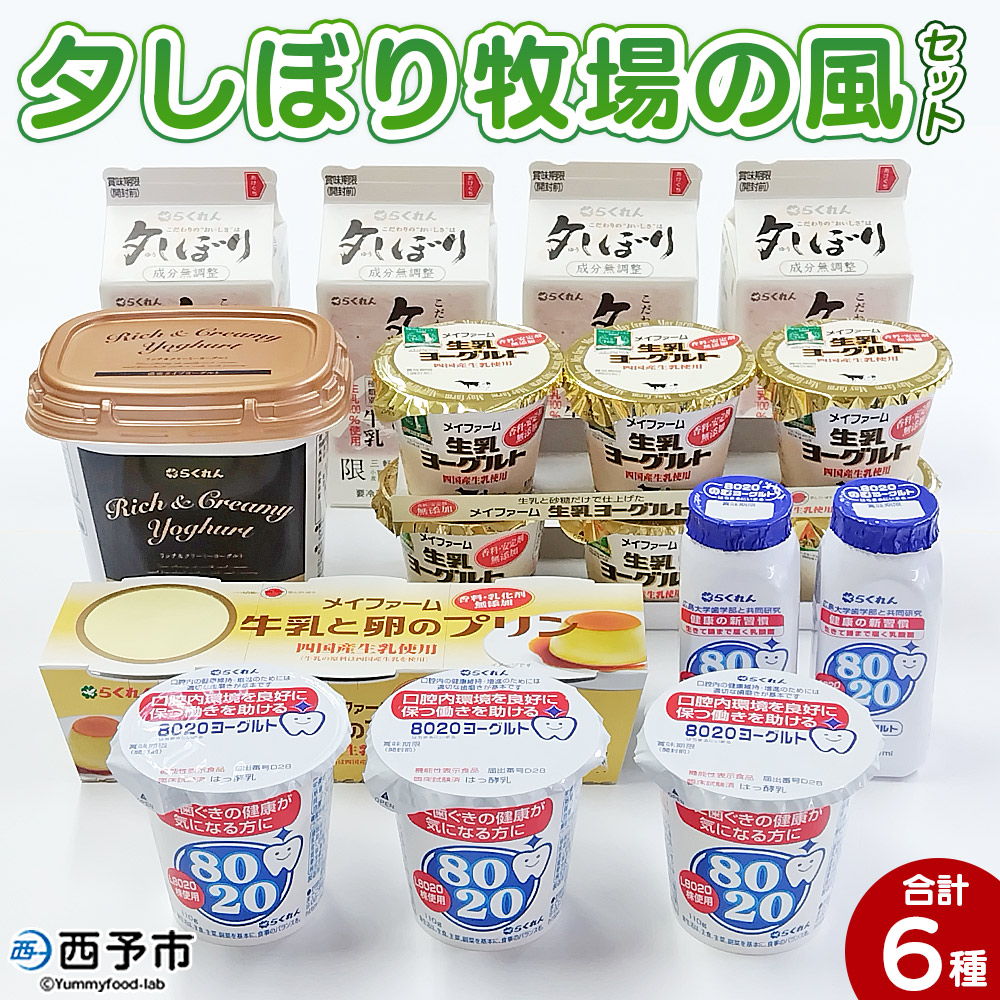＜夕しぼり牧場の風セット＞ 6種類 セット 詰め合わせ 詰合せ 詰め合せ 牛乳 ヨーグルト プリン 産地指定 愛媛県産 飲むヨーグルト 乳製品 鮮度 おいしい 朝食 スイーツ らくれん 四国乳業株式会社 愛媛県 西予市