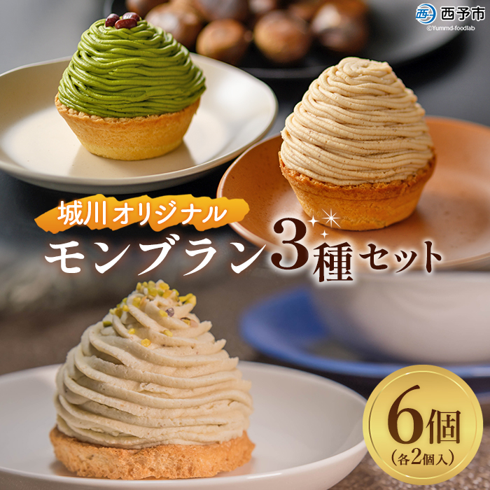 ＜城川オリジナルモンブラン3種セット 合計6個（各種2個入）＞ マロン 抹茶 ケーキ 和栗ペースト 渋皮煮 チーズアパレイユ 粒あん 小豆 スポンジケーキ タルト ダックワーズ メニークエスト 愛媛県 西予市