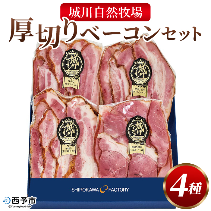＜城川自然牧場 厚切りベーコンセット（100g×4種）＞ スライス ガーリックベーコン ショルダーベーコン 七味ベーコン 豚肉 加工品 おかず おつまみ ギフト 贈答用 城川ファクトリー 愛媛県 西予市