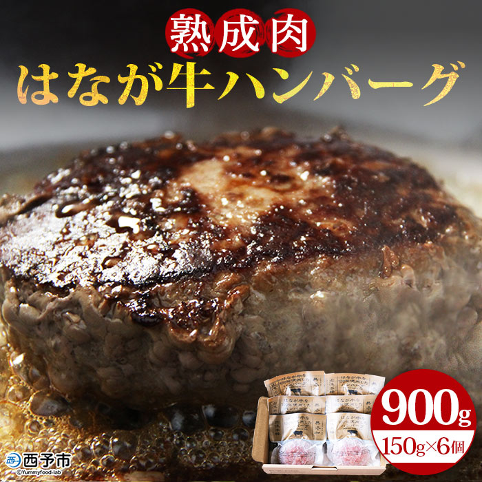 ＜熟成肉 はなが牛ハンバーグ 150g×6個 計900g＞ お肉 牛肉 ビーフ 牛100％ 肉加工品 お惣菜 洋食 おかず おつまみ お弁当 ランチ ディナー 国産 小分け 個包装 簡単調理 特産品 ゆうぼく 愛媛県 西予市