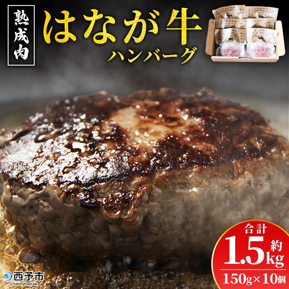 ＜熟成肉 はなが牛ハンバーグ 10個（1個150g）＞ 肉 お肉 牛肉 牛 ビーフ 牛100％ 肉加工品 お惣菜 洋食 おかず 弁当 ランチ ディナー 国産 小分け 個包装 簡単調理 特産品 ゆうぼく 愛媛県 西予市