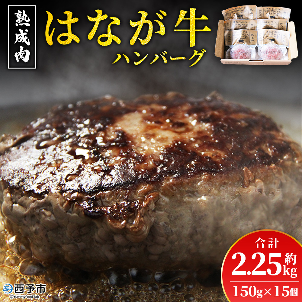 ＜熟成肉 はなが牛ハンバーグ 15個（1個150g）＞ 肉 お肉 牛肉 牛 ビーフ 牛100％ 肉加工品 お惣菜 洋食 おかず 弁当 ランチ ディナー 国産 小分け 個包装 簡単調理 特産品 ゆうぼく 愛媛県 西予市