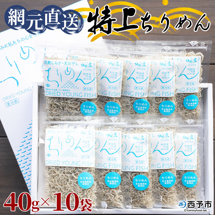 [天日干し 特上ちりめん 合計400g(40g×10袋)ギフト箱入り] じゃこ しらす 小魚 さかな ごはんのお供 贈答 御礼 小分け 無添加 愛媛県 西予市