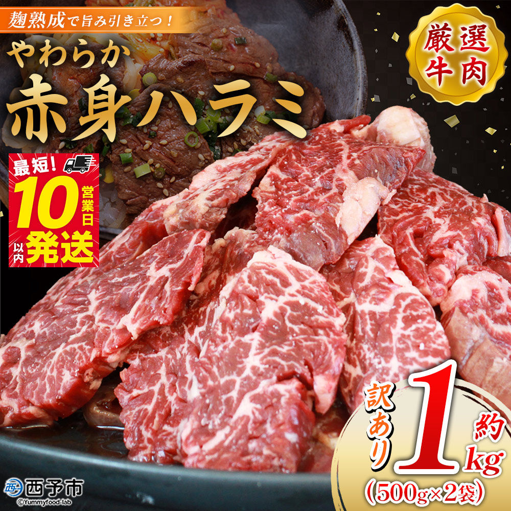 [麹熟成で旨み引き立つ!やわらか赤身ハラミ 約1kg(500g×2)] 柑橘 訳あり はらみ ハラミ 赤身 大容量 牛肉 お肉 焼肉 味付き おかず 焼くだけ 簡単調理 グルメ 丸和 愛媛県 西予市