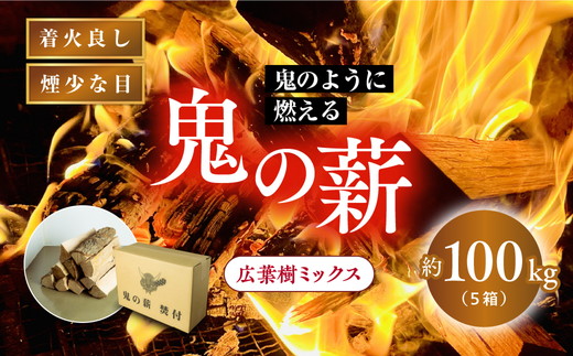 鬼の薪 5箱（約100kg）（広葉樹ミックス乾燥割薪） ＜薪 ストーブ アウトドア キャンプ ピザ ボイラー 自然 火 炎 燃料 焚火 暖炉 窯焼き 四国薪販売 焚火 キャンプファイヤー 愛媛県 鬼北町＞ ※離島への配送不可