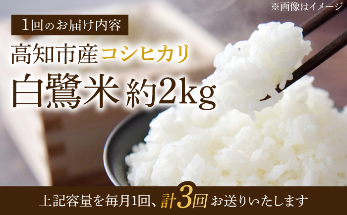 【3回定期便】 新米 R7年度産 特別栽培米 農薬節減！ 白鷺米 コシヒカリ 各約2kg 合計約6kg / 高知 米 お米 精米 　【津ノ宮農園】[ATBV0010]