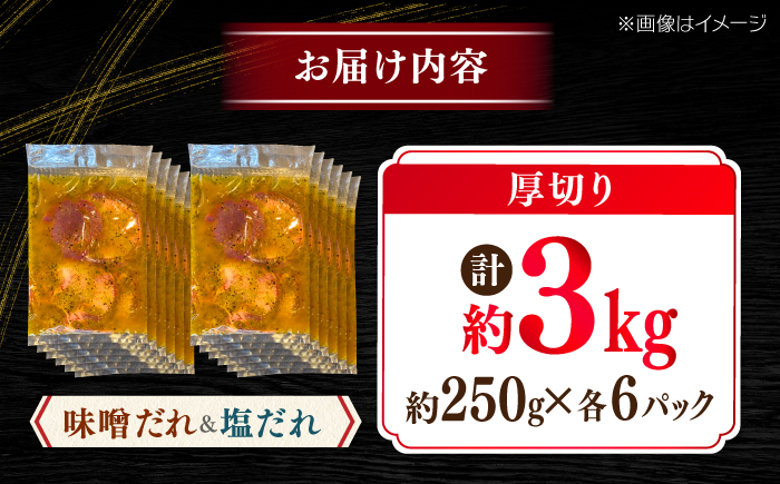 厚切り 牛タン 食べ比べ2種盛り（味噌だれ・塩だれ）各約250g×6パック 計約3kg 小分け 個包装 味付け タレ たれ 高知県 お肉 牛肉 贅沢 焼き肉 BBQ 訳あり 【焼肉寛十郎】 [ATDO027]