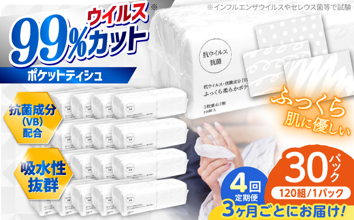 【4回定期便(3ヵ月に1回お届け)】 抗ウイルス 抗菌成分 (VB) 配合 ふっくら柔らか 贅沢3枚重ねポケットティッシュ 320個 (1個:7組(21枚)入り) 【河野製紙株式会社】[ATAJ019]