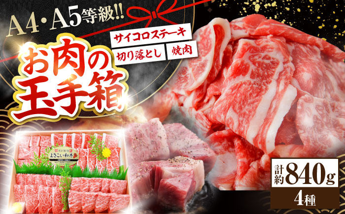 高知から美味しいお肉の玉手箱! 化粧箱入り 総計約840g 牛肉 ステーキ 焼肉 切り落とし 国産 A4 A5 【(有)山重食肉】 [ATAP020]