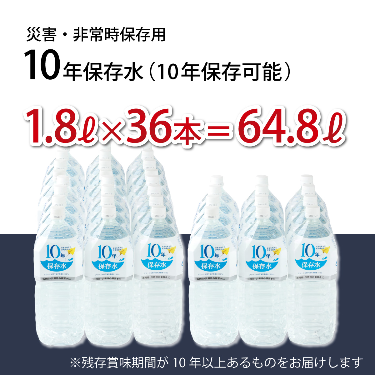 災害・非常時保存用「１０年保存水」（１０年保存可能）１.８リットル×３６本セット　計６４.８L