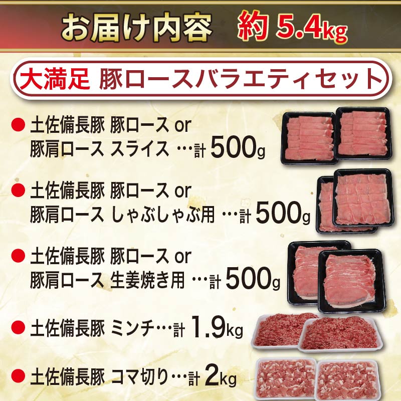  ～ 豚肉 バラエティセット 約5.4kg｜土佐備長豚 国産豚肉 国産ぶた 備長炭育ち お試し しゃぶしゃぶ スライス 生姜焼き 豚こま ミンチ 冷凍 小分け 家庭用 贈答用 業務用 吉岡精肉店 高知県 室戸市 【大容量】計約5.4kg ｜34,000円