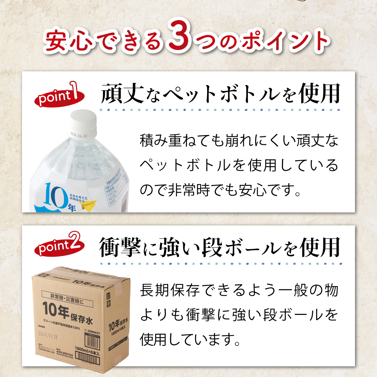 災害・非常時保存用「１０年保存水」（１０年保存可能）１．８リットル×１２本セット