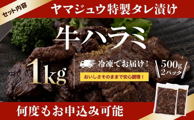 ヤマジュウの特製タレ漬け！牛ハラミ肉１ｋｇ