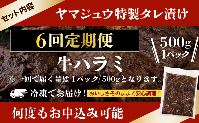 ヤマジュウの特製タレ漬け！牛ハラミ肉５００ｇ【６回定期便】