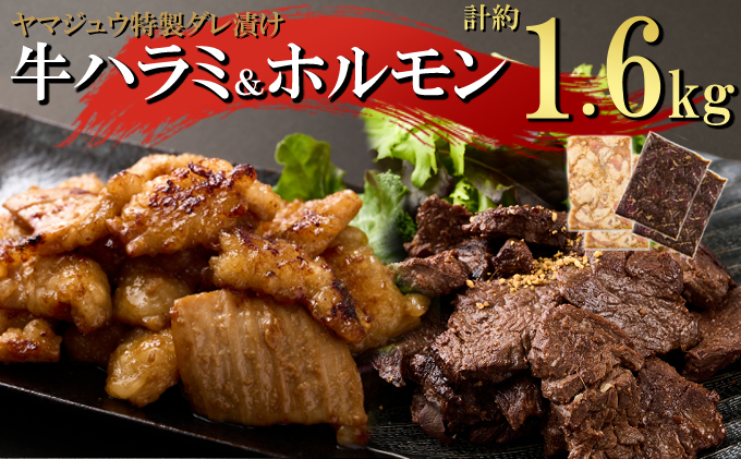 ヤマジュウの特選タレ漬け！牛ハラミ肉１ｋｇ＆国産牛ホルモン６００ｇ