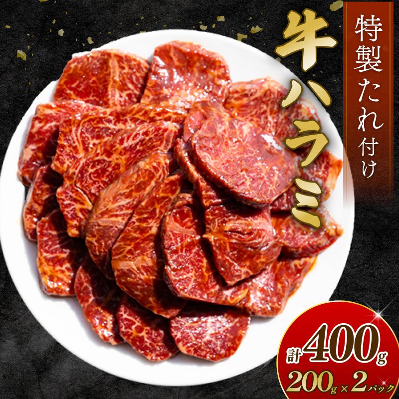 自家製 牛ハラミ たれ漬け 200g×2パック 計400g 訳あり 数量限定 牛肉 焼肉 焼き肉 BBQ バーベキュー ハラミ肉 タレ漬けハラミ 小分け 【(有)山重食肉】（室戸海洋深層水塩使用）