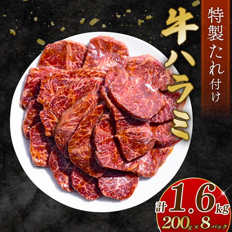 自家製 牛ハラミ たれ漬け 200g×8パック 計1.6kg 訳あり 数量限定 牛肉 焼肉 焼き肉 BBQ バーベキュー ハラミ肉 タレ漬けハラミ 小分け 【(有)山重食肉】（室戸海洋深層水塩使用）